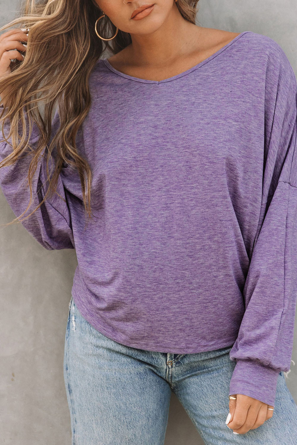 Purple Plain Tie Back Drop Shoulder Long Sleeve Top