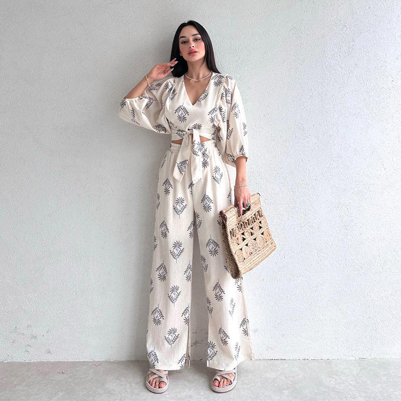 Women's Elegant V-neck Printed Puff Sleeve Top Trousers Two-piece Set