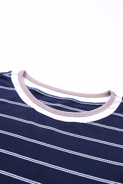 Dark Blue Striped Spliced Color Block Rib Knit Top