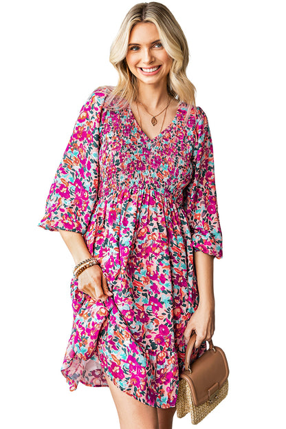 Purple Floral Print Long Sleeve Flounce Hem V Neck Smocked Dress