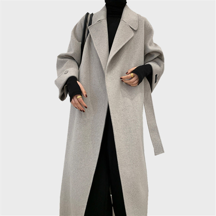 Albaka Alpaca Fleece Turn-Sleeve Bathrobe Style Waist-Tucked Temperament Long Double-sided Coat