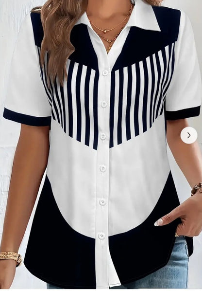 Striped Print Button Front Short Sleeved Shirt