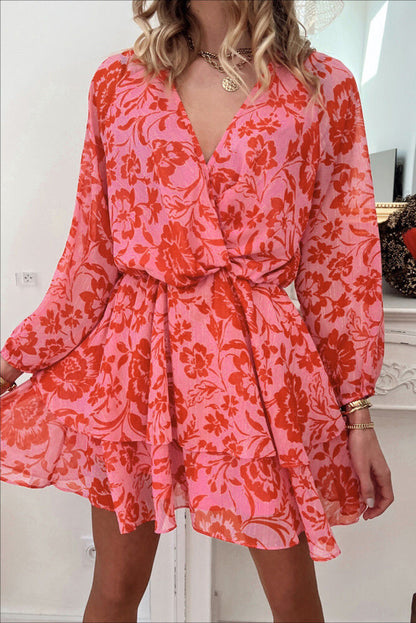 Robe surplis à manches bouffantes superposées à volants floraux rouge ardent