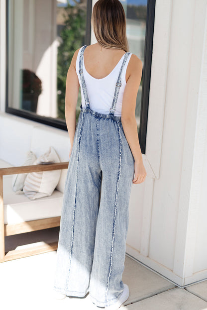 Blue Light Wash Frayed Exposed Seam Wide Leg Denim Overalls