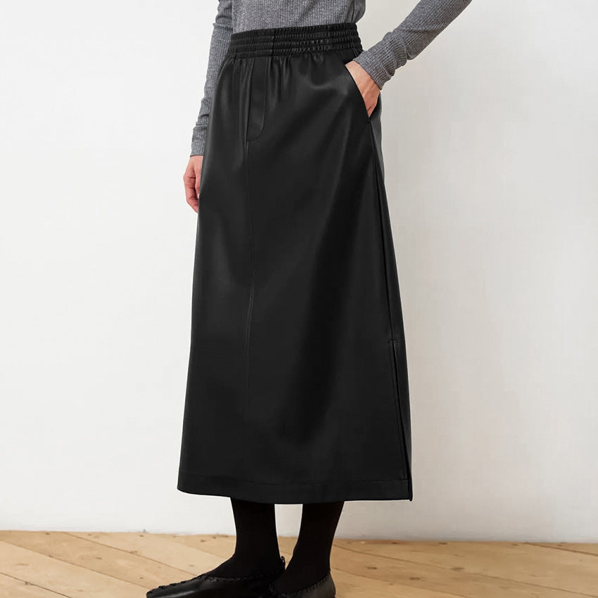 Autumn And Winter Leather Skirt Women's Elastic Waist A- Line