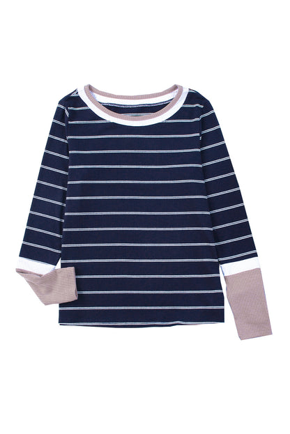 Dark Blue Striped Spliced Color Block Rib Knit Top