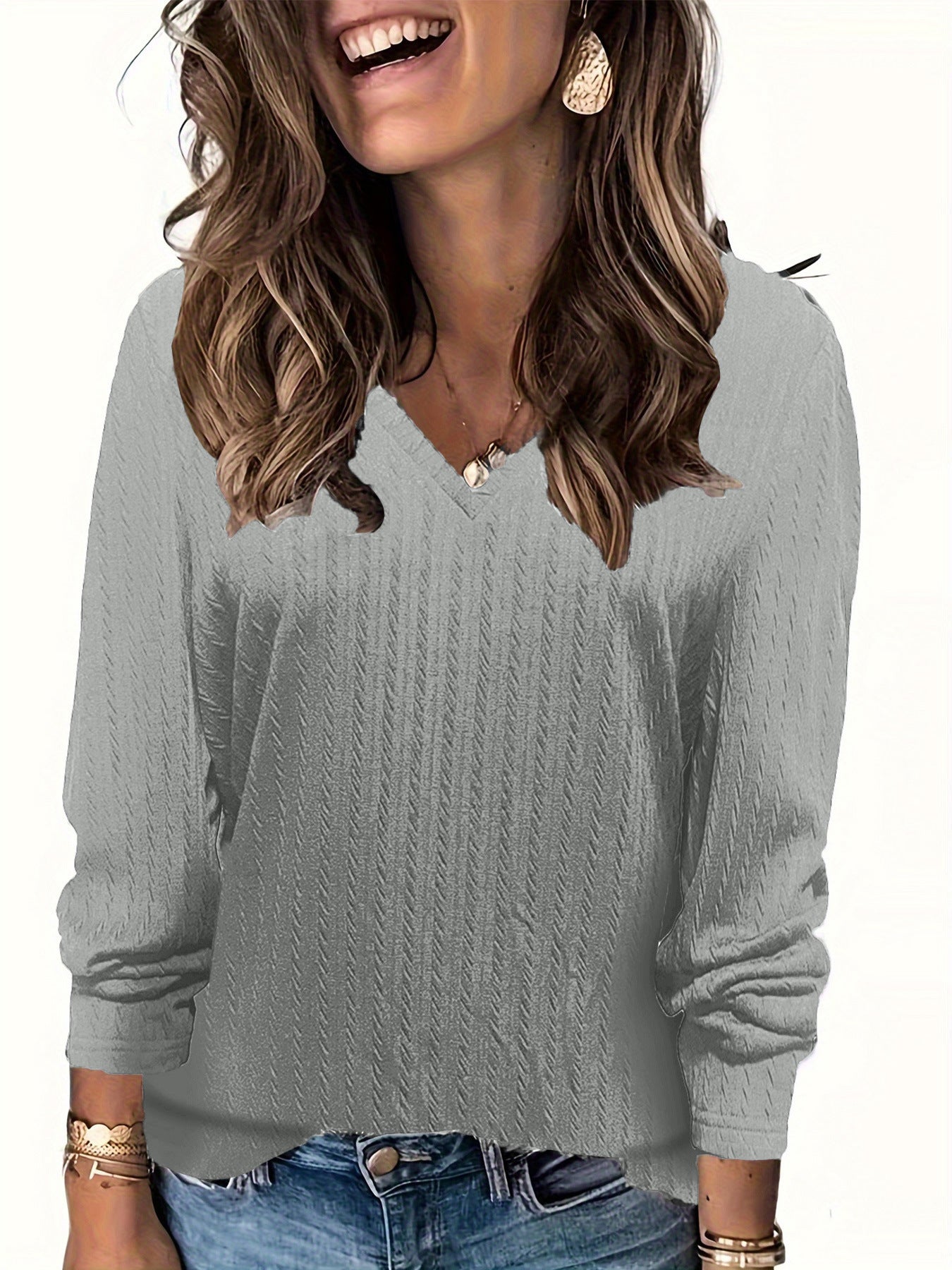 V-neck Loose Sunken Stripe Long-sleeved T-shirt Top