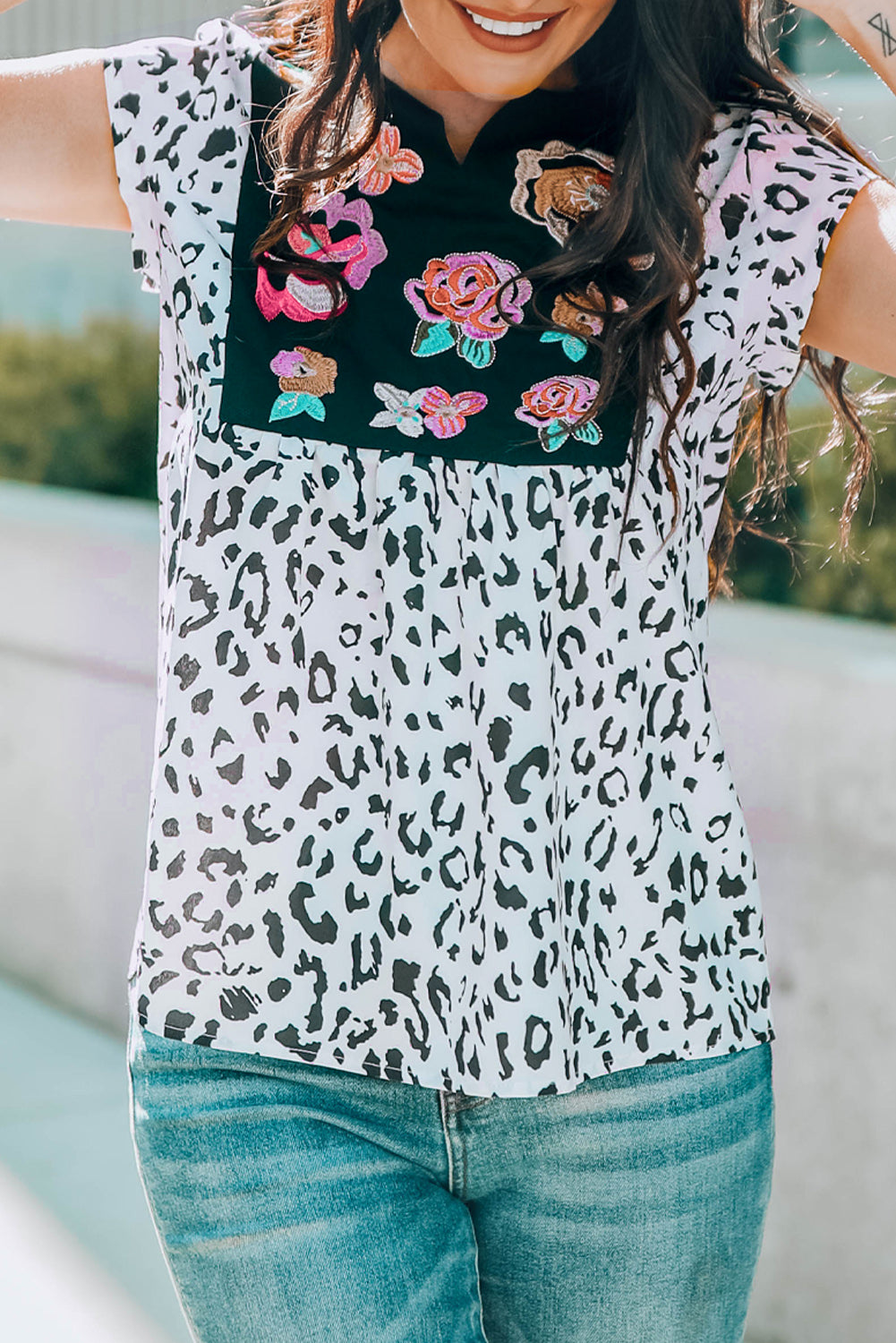 Black & White Animal Print Flower Embroidered Tunic Short Sleeve Top