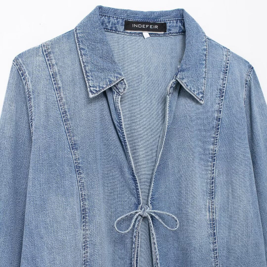 Chemise en jean nouée pour fille sexy de style européen et américain