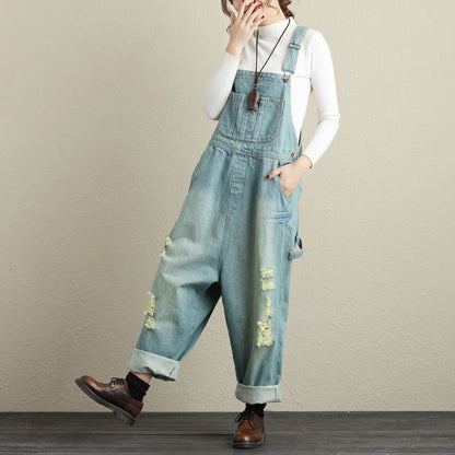 Vintage Art Loose Denim Suspenders Large Size Ripped Jumpsuit