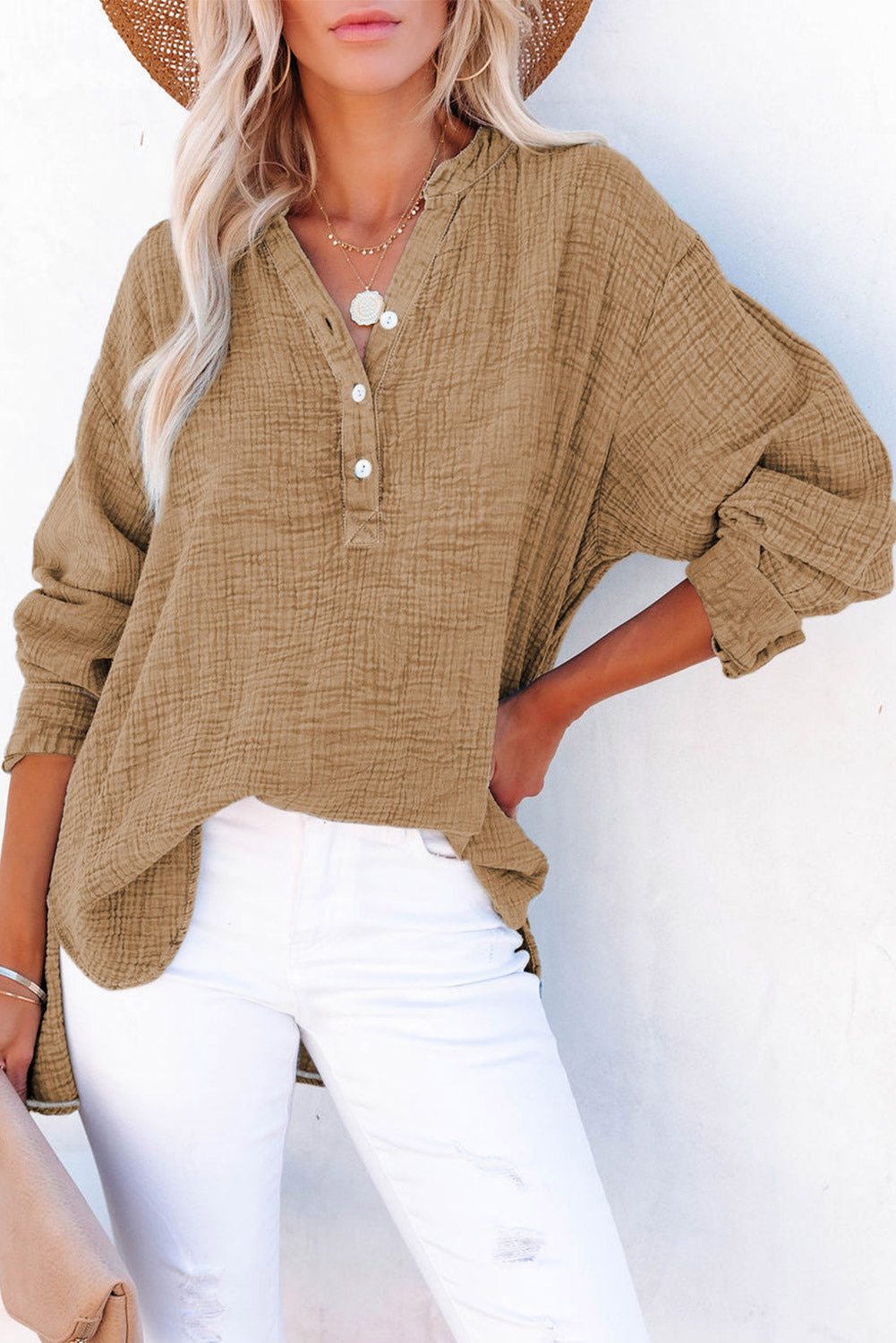 Brown Loose Crinkle Button V Neck Henley Top