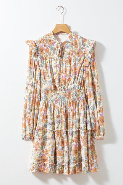 White Boho Floral Print Smocked Tiered Dress