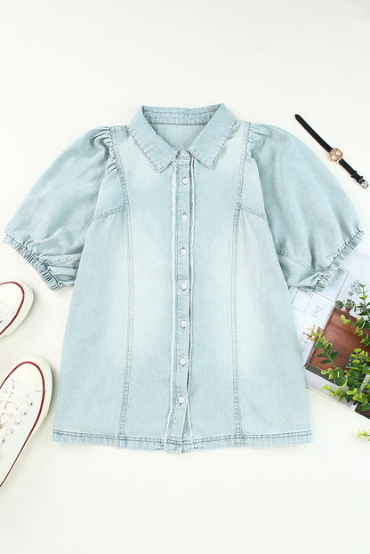 Sky Blue Distressed Bubble Sleeve Denim Shirt