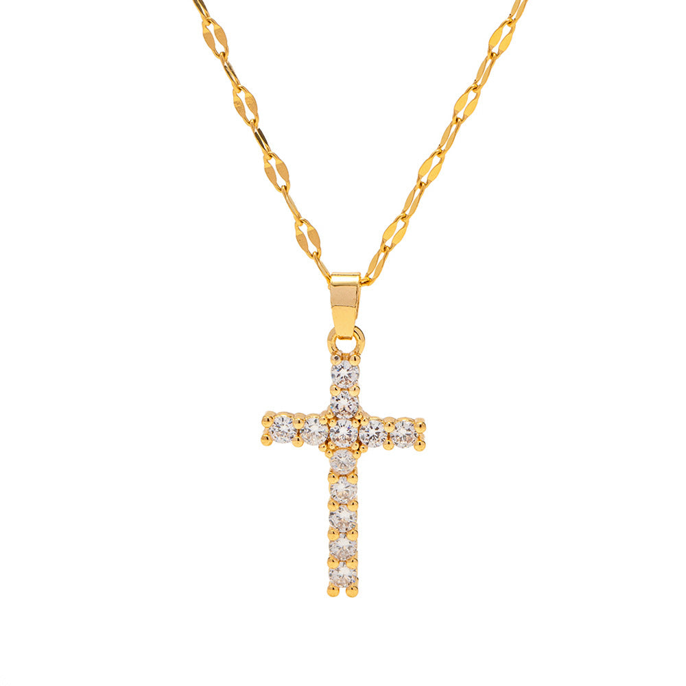 18K Gold Exquisite Simple Inlaid White Zircon Cross Design Versatile Pendant Necklace