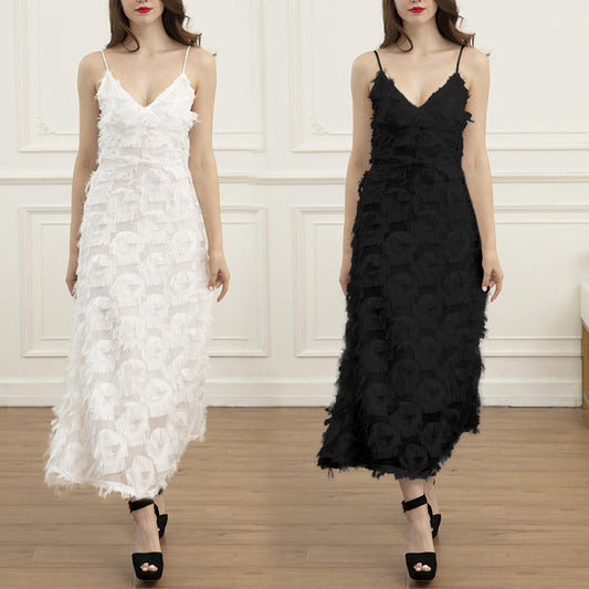 Backless Feather Lace Party Long Dress