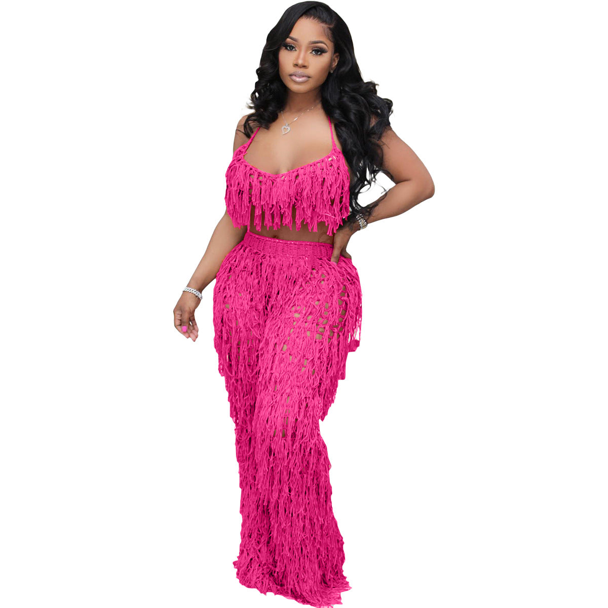 European And American Urban See-through Knitted Hand Crochet Tassel Beach Suit