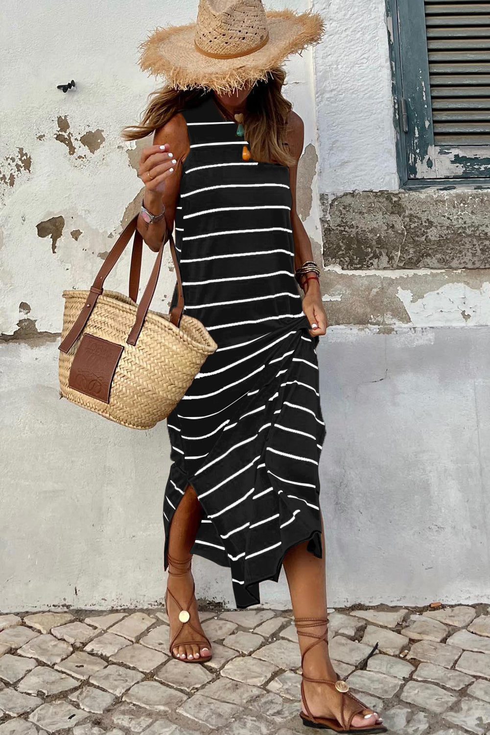 Black Stripe Print Open Back Sleeveless Maxi Dress With Slits