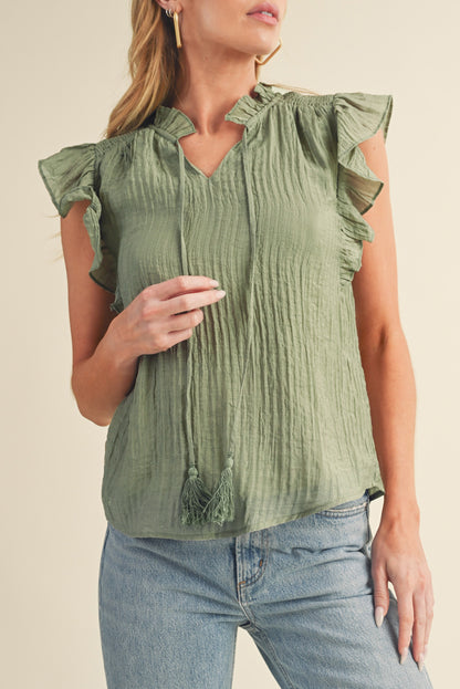 Meadow Mist Green V Neck Flutter Sleeve Textured Blouse