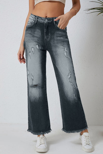 Graue Vintage-Jeans mit weitem Bein im Used-Look