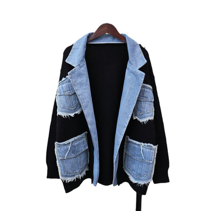 Denim Stitching Sweater Coat For Women