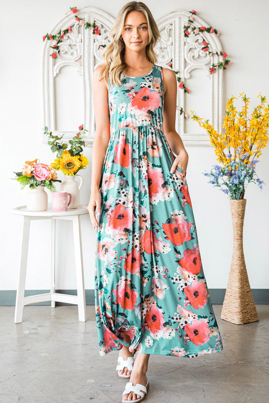 Robe débardeur d'été longue sans manches à imprimé floral vert