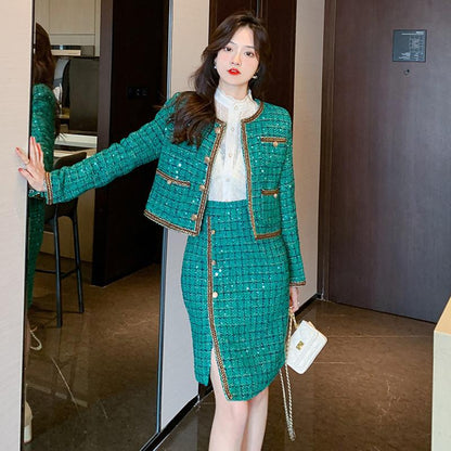 Élégant manteau en tweed vert, tailleur jupe fourreau irrégulière