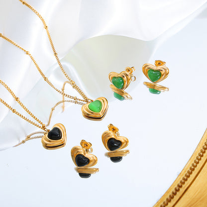 18K Gold Vintage Fashion Heart Shape Inlaid Gemstone Design Necklace Earrings Set