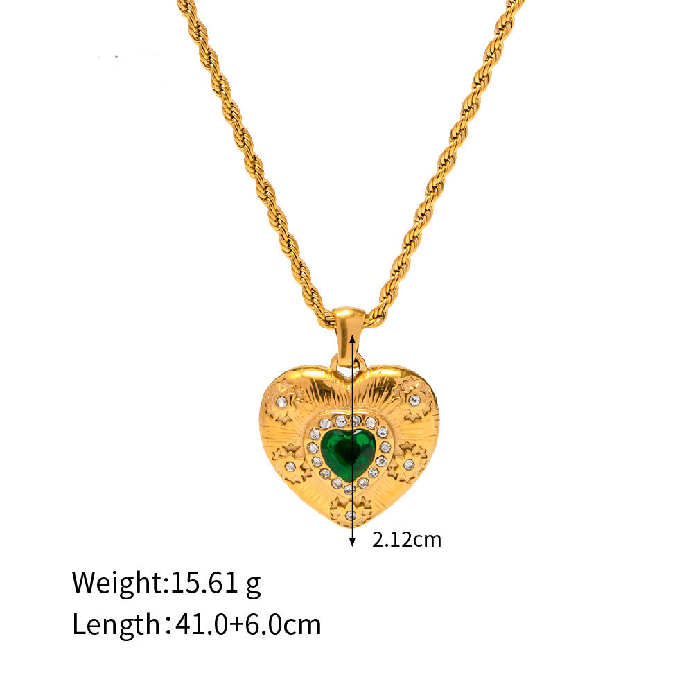 18k Gold Exquisite Fashion Emerald and Zircon Heart Shape Pendant Necklace