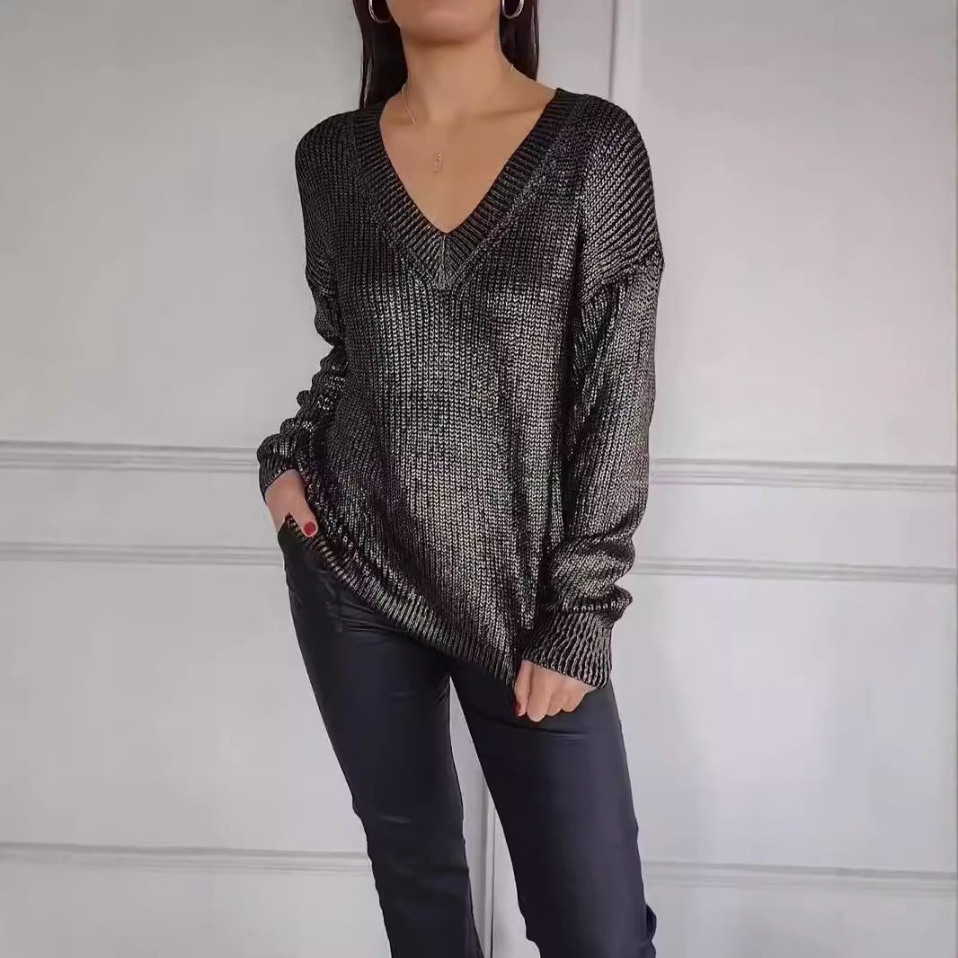 Women's Fashionable Knitted V-neck Bright Silk Pullover