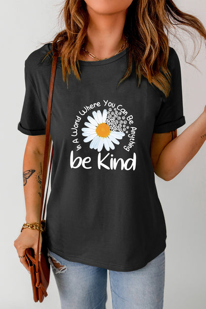 T-shirt à col rond noir décontracté avec slogan Daisy Be Kind