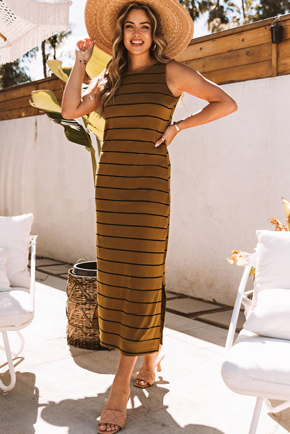 Black Stripe Print Open Back Sleeveless Maxi Dress With Slits