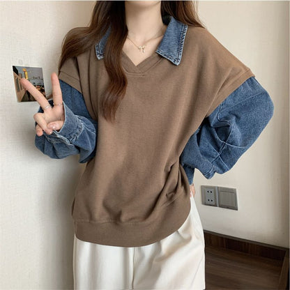 Casual Slimming Plus Size Denim Stitching False Two-piece Sweaters