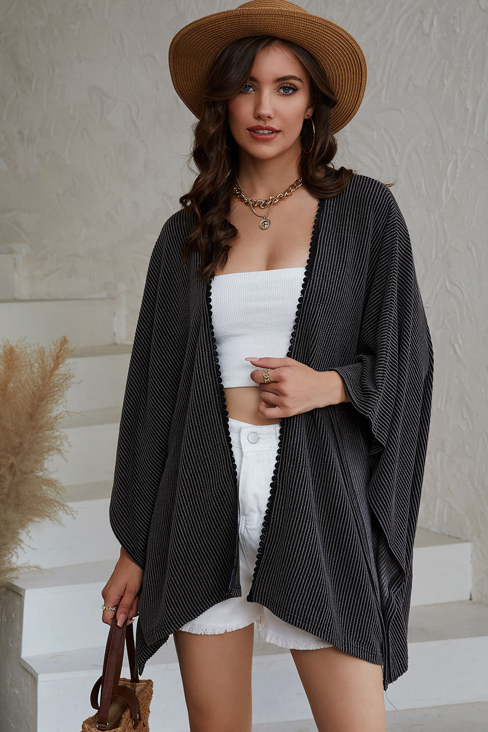 Apricot Lace Trim Ribbed Oversize Kimono