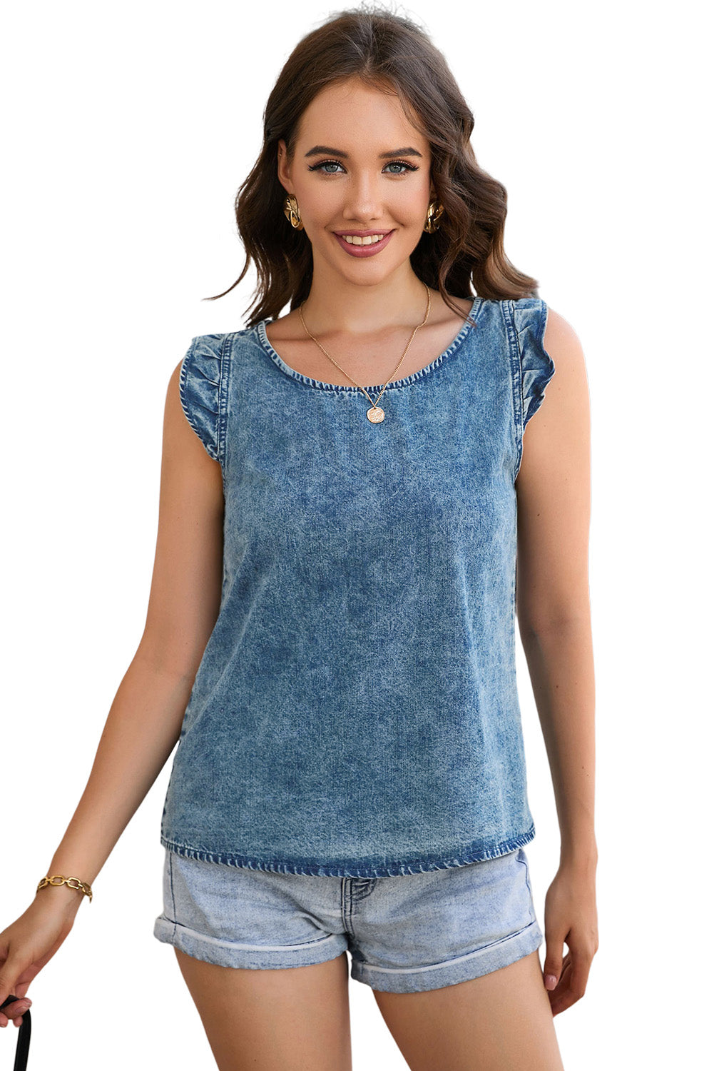 Sky Blue Ruffled Denim Tank Top