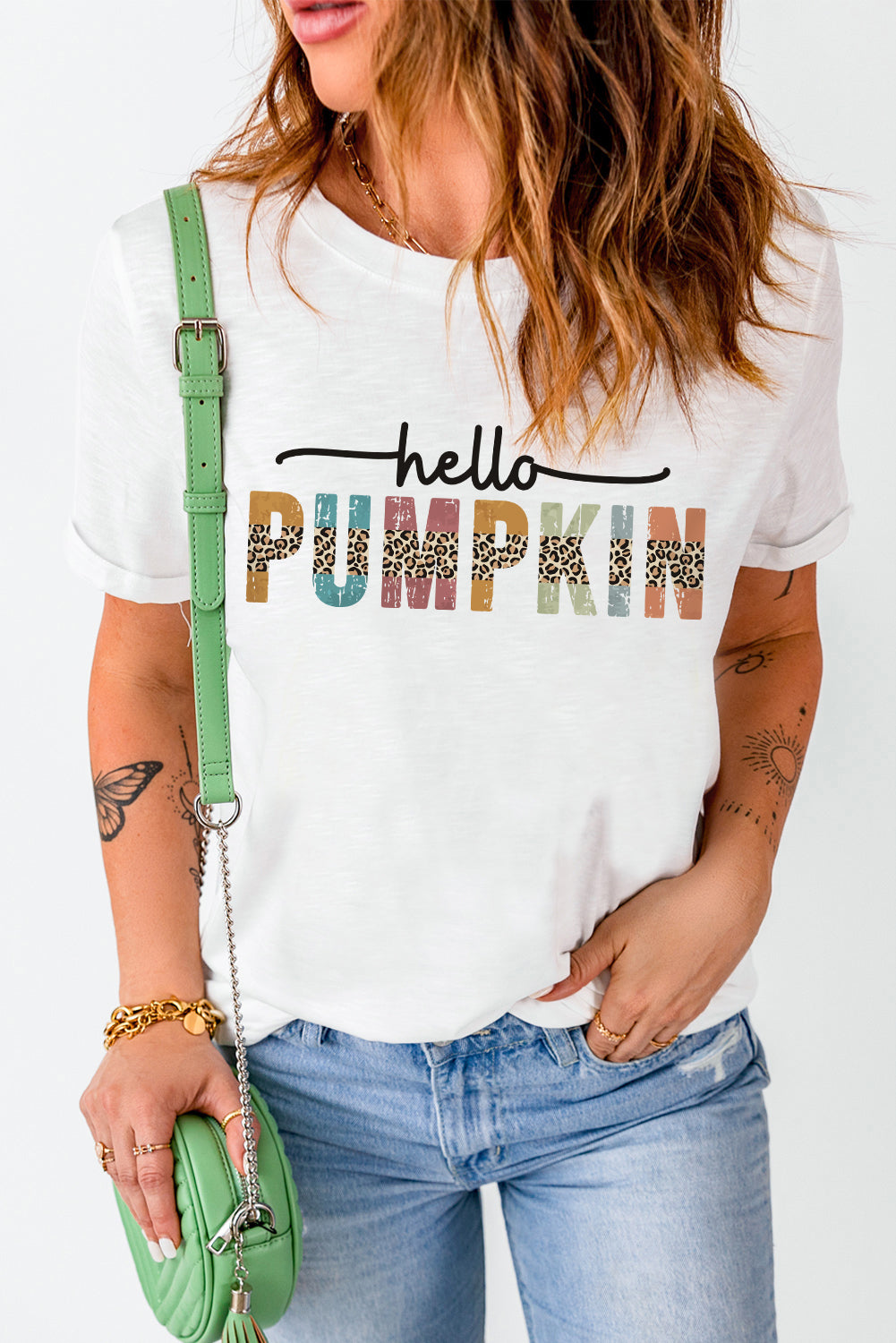 Weißes „Hello Pumpkin“-Halloween-T-Shirt mit Rundhalsausschnitt und Grafik