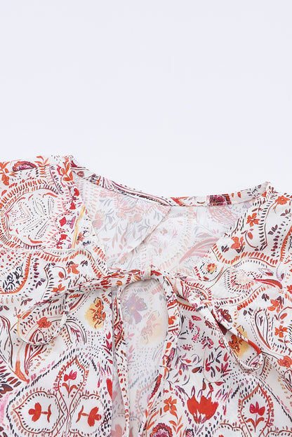 Rote Bluse mit gerafften Bündchen im Boho-Paisley-Print