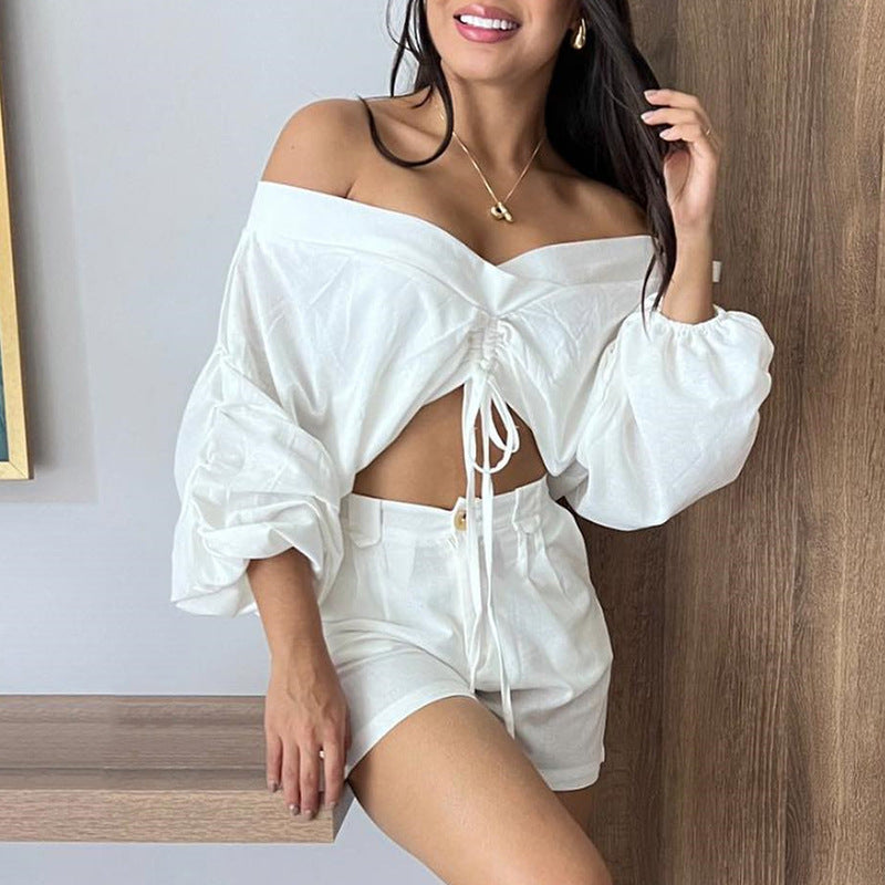 Women's Fashionable Off-shoulder Puff Sleeve Short Top High Waist Shorts Suit