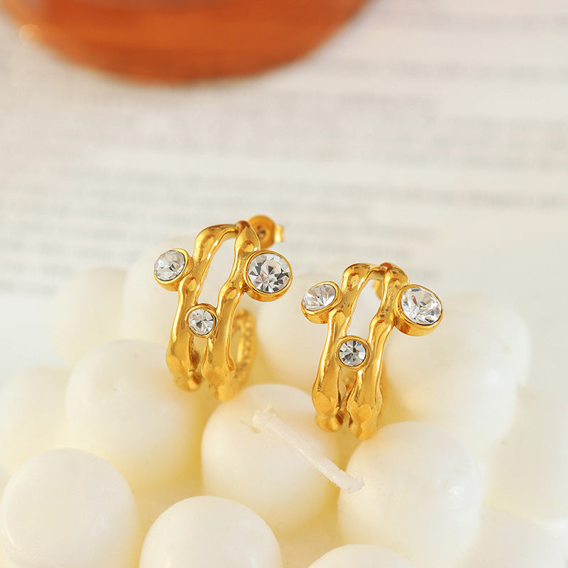 18K gold light luxury fashion C-shaped hollow inlaid zircon design simple wind earrings