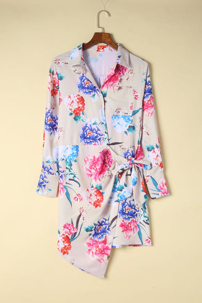 Multicolor Floral Print Wrap Tie Mini Shirt Dress