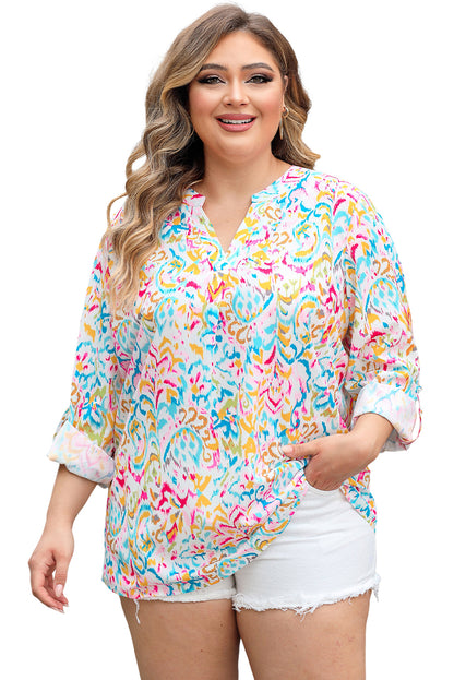 Multicolor Plus Size Geometric Print Notched V-Neck Blouse