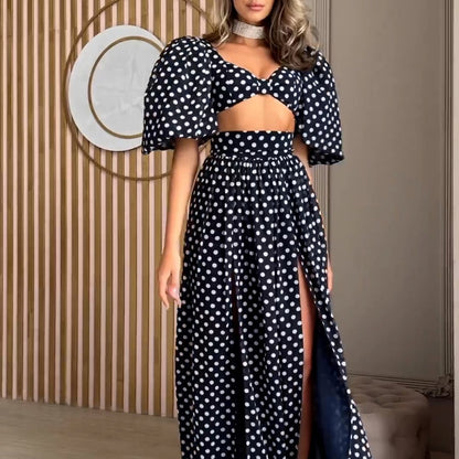 Femme col carré manches bouffantes haut taille haute fente à pois imprimé robe costume