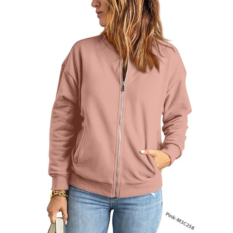 Damen Einfarbig Reißverschluss Jacke Mantel Mode Lässig Strickjacke Langarm Stadiumjumper