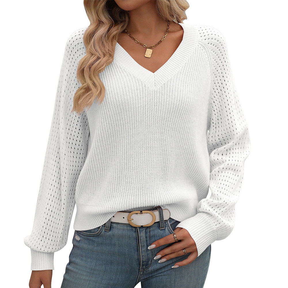 Pull tendance à manches longues et col en V pour femme