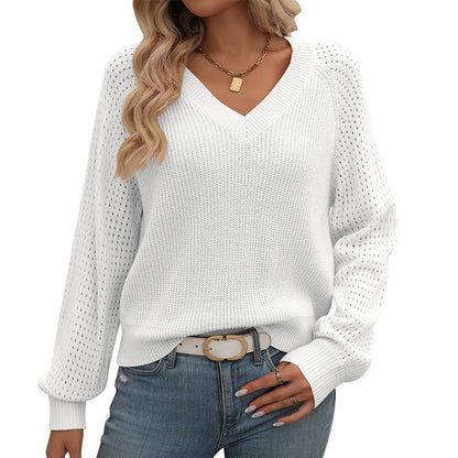 Pull tendance à manches longues et col en V pour femme