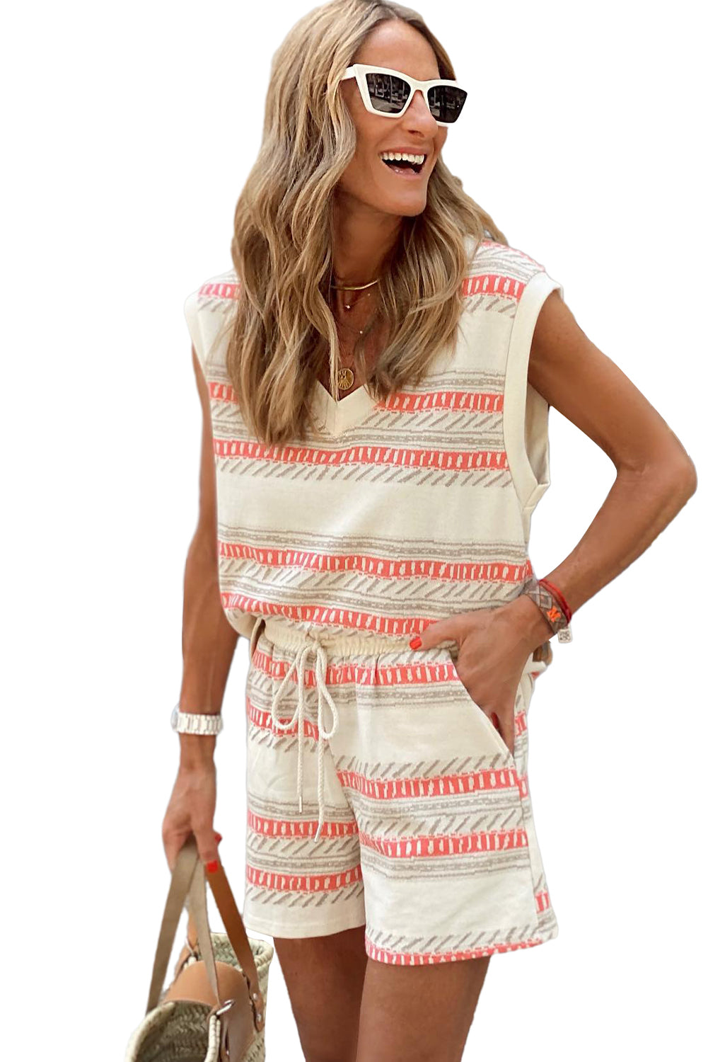 Beige Striped Print Dolman Top & Drawstring Shorts Set