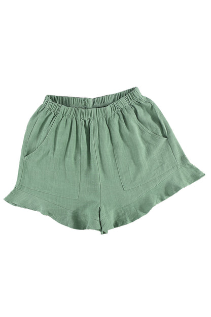 Short décontracté vert taille haute à volants et poches