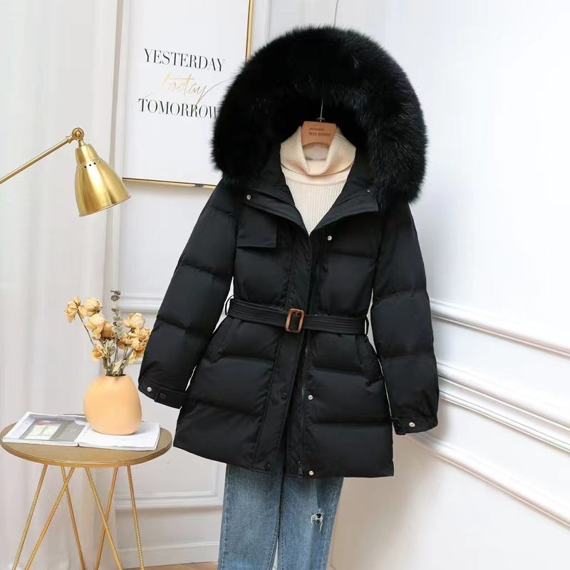 All-matching Hooded Warm Big Fur Collar Casual Mid-length Down Jacket