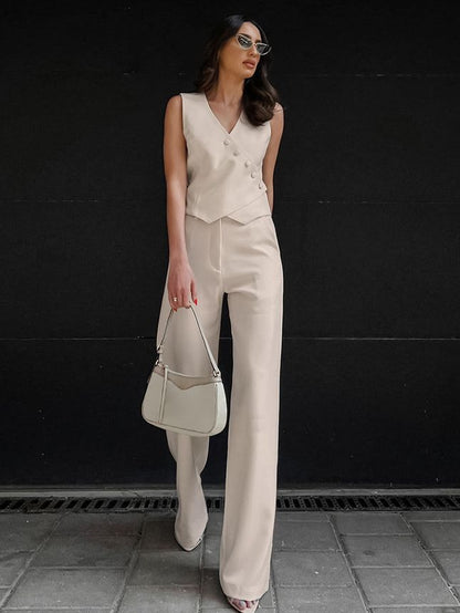 Women's Fashionable Elegant Vest Cotton And Linen High Waist Straight Pants Suit