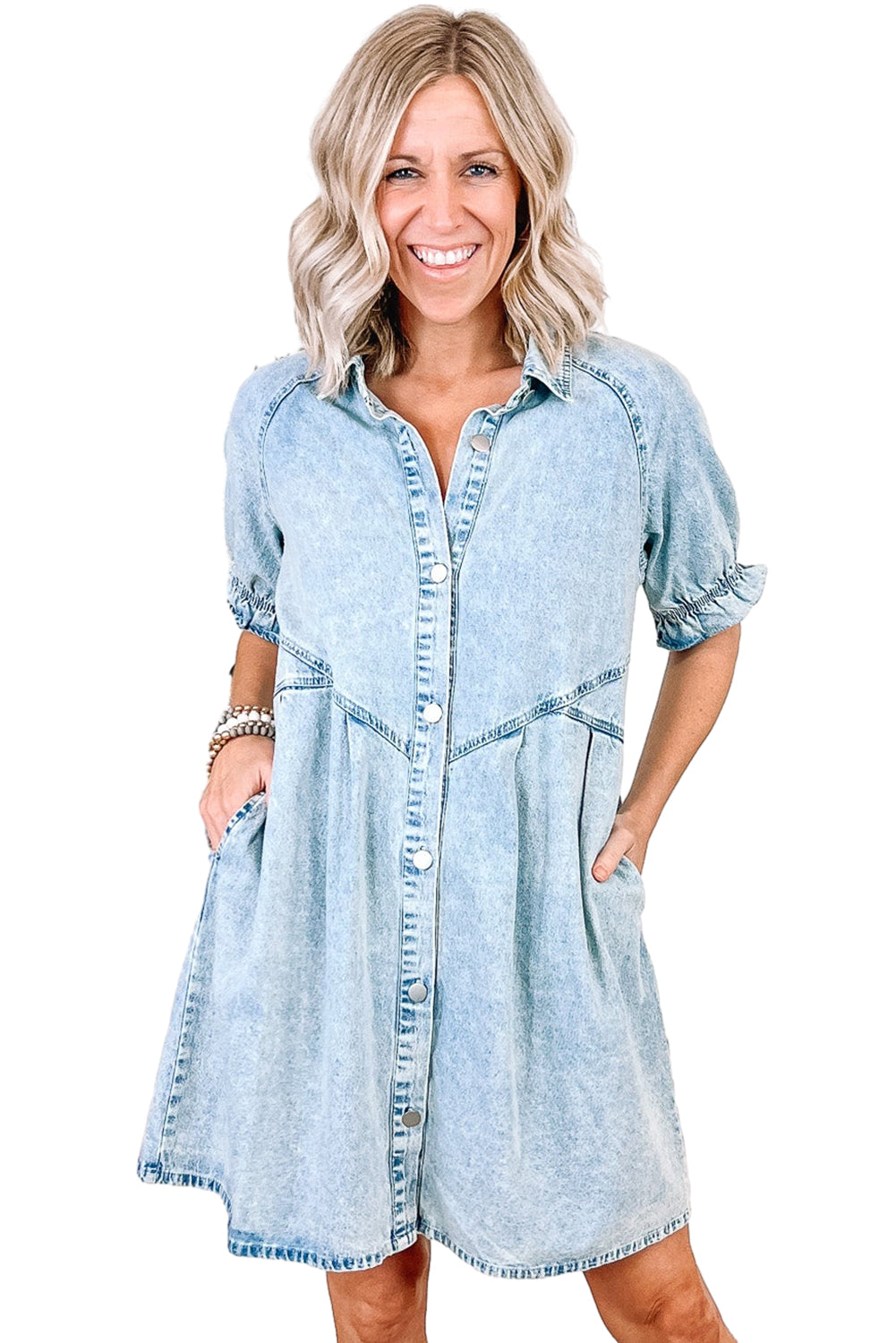 Blue Mineral Washed Ruffled Short Sleeve Pocketed Denim Dress