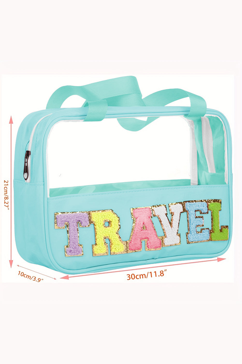 Trousse de maquillage en PVC transparent avec lettre chenille TRAVEL vert menthe